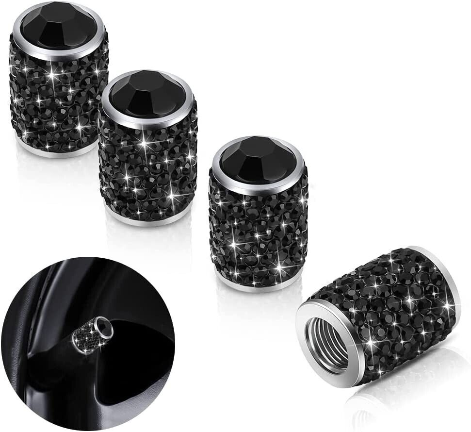 4pcs Black Shiny Crystal Rhinestone Bling Tire Stem Valve Caps Fits Universal