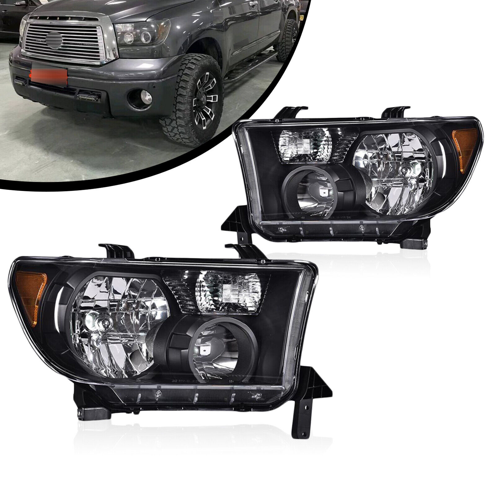 Black Pair Headlights RH+LH Fit For 2007-2013 Toyota Tundra 2008-2017 Sequoia