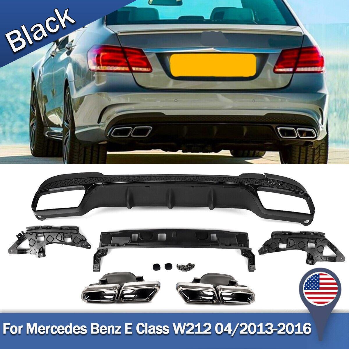 For Mercedes W212 E63 E Class 13-2016 Rear Diffuser E63 AMG Look W/Exhaust Tips
