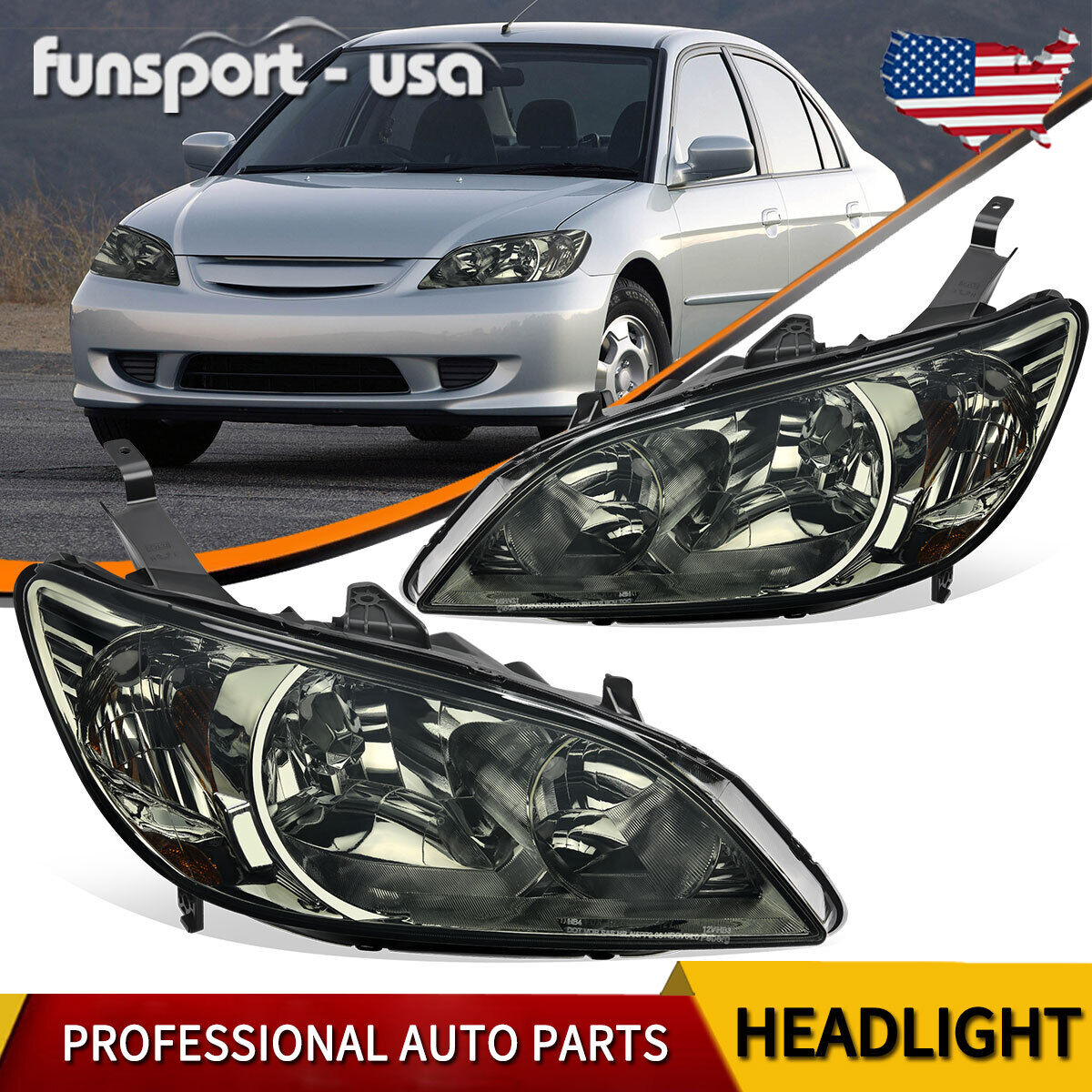 Headlights Assembly for 2004 2005 Honda Civic 2Dr/4Dr Black Headlamps Left+Right