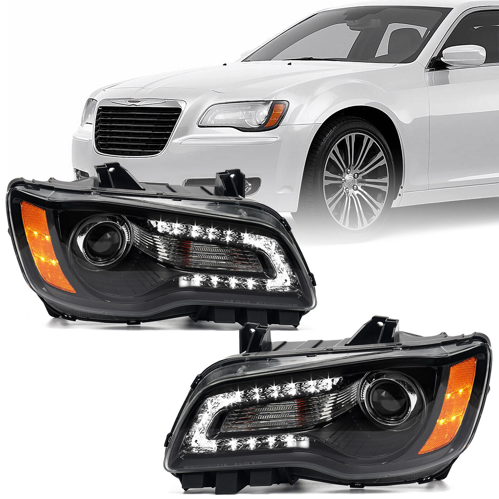 2PCS For 2011-2014 Chrysler 300 Black LED DRL Projector Headlights headlamp Pair