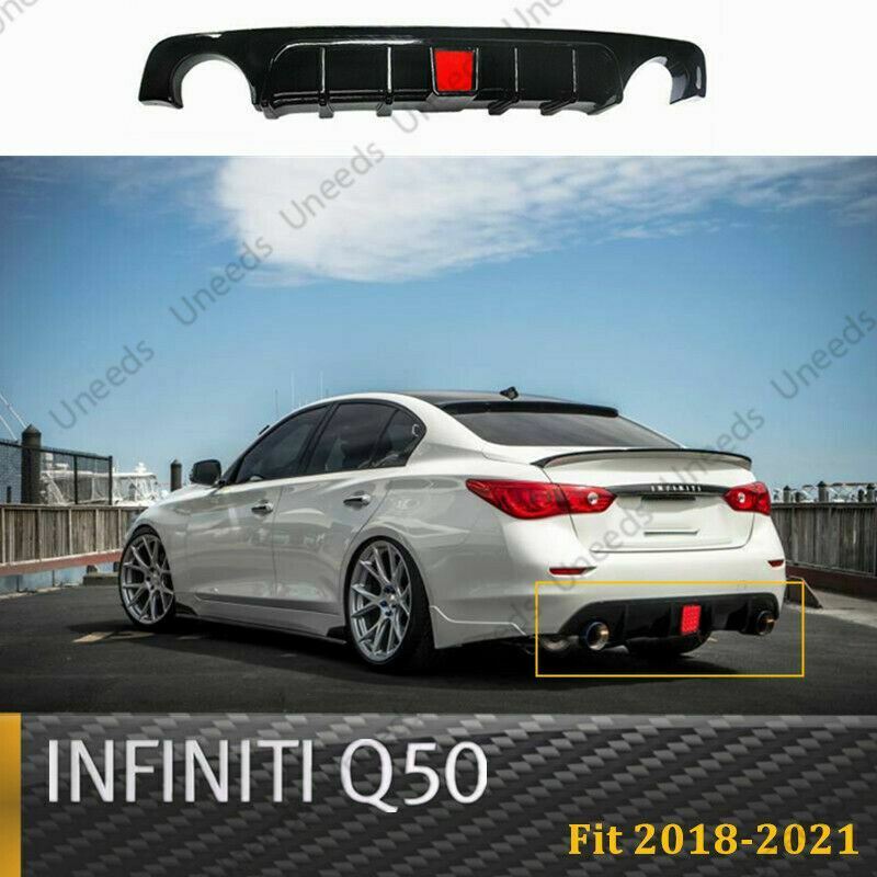 For 2018-2021 Infiniti Q50 Painted Gloss Black With LED Light Rear Diffuser