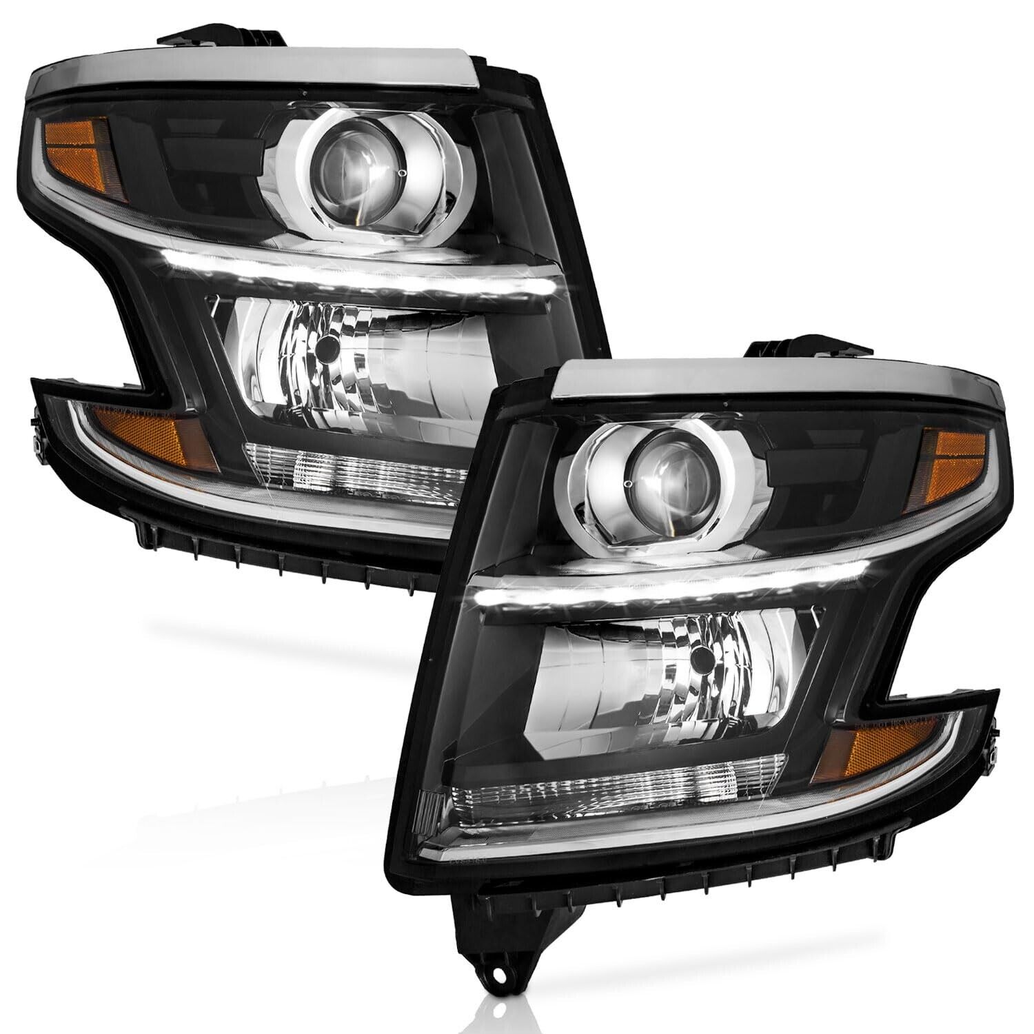 WEELMOTO Black Headlights For 2015-2020 Chevy Tahoe Suburban  Chrome Lamps LH+RH