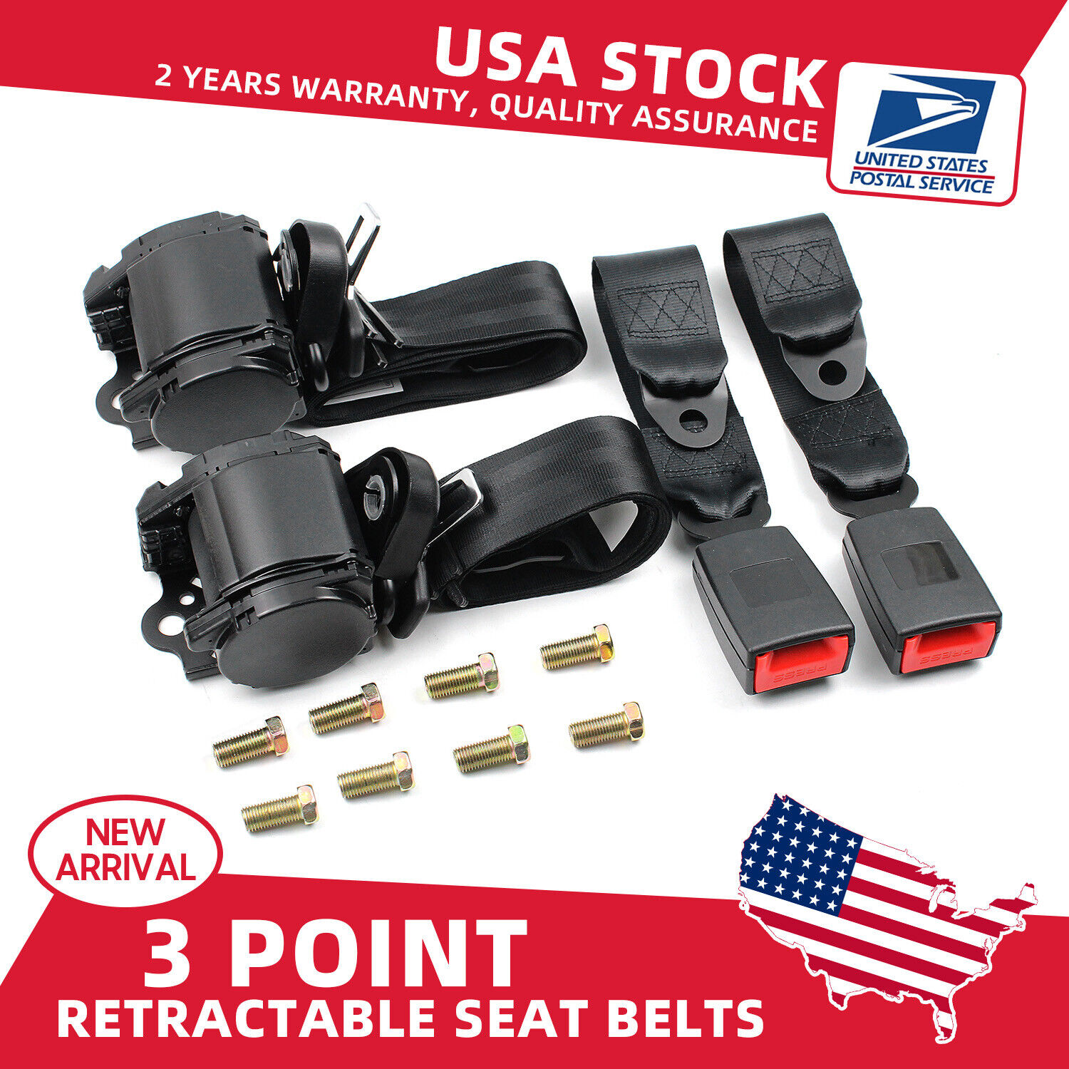 2 Universal 3 Point Retractable Black Seat Belts for Dodge Viper 1998-2015