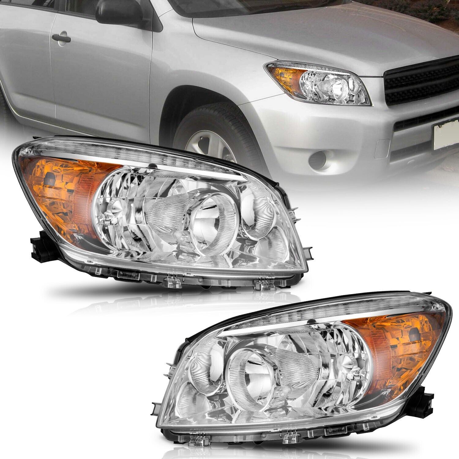 WEELMOTO Headlights For 2006-2008 Toyota RAV4 Chrome Housing Headlamp Left+Right
