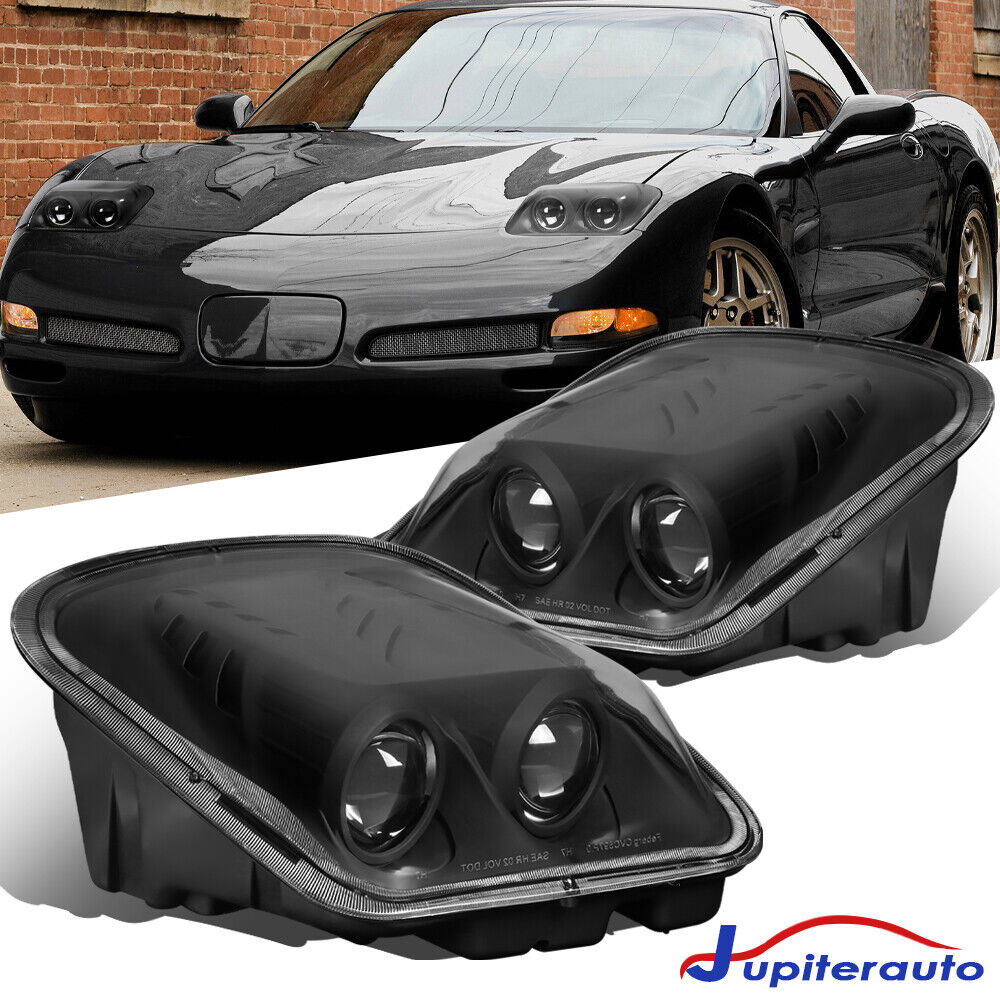 For 1997-2004 Chevy Corvette C5 Black Dual Projector Headlights Lamps Left+Right