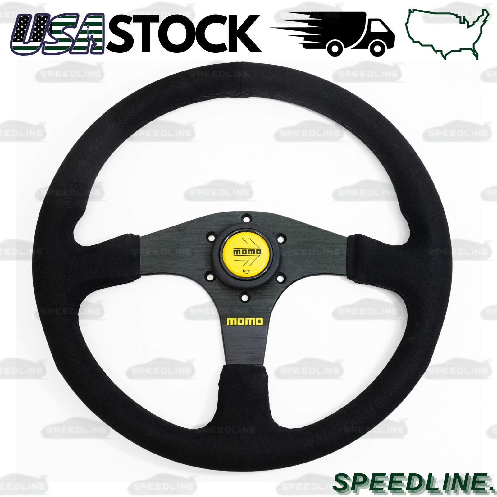 Universal 350mm Racing Steering Wheel w/ Suede Leather Arrow Horn For MOMO Hub