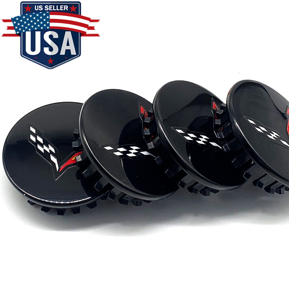 Set of 4 Wheel Center Caps Gloss Black For Chevy Corvette C7 C6 Cross Flag 68mm