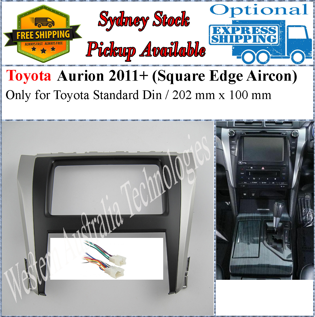 Harness + Fascia facia Fits Toyota Aurion 2011+ Square Aircon Double Two 2 DIN