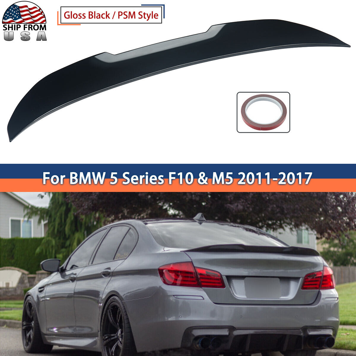 For 11-17 BMW 5 Series F10 F18 528i 550i 535i Gloss Black PSM Style Rear Spoiler