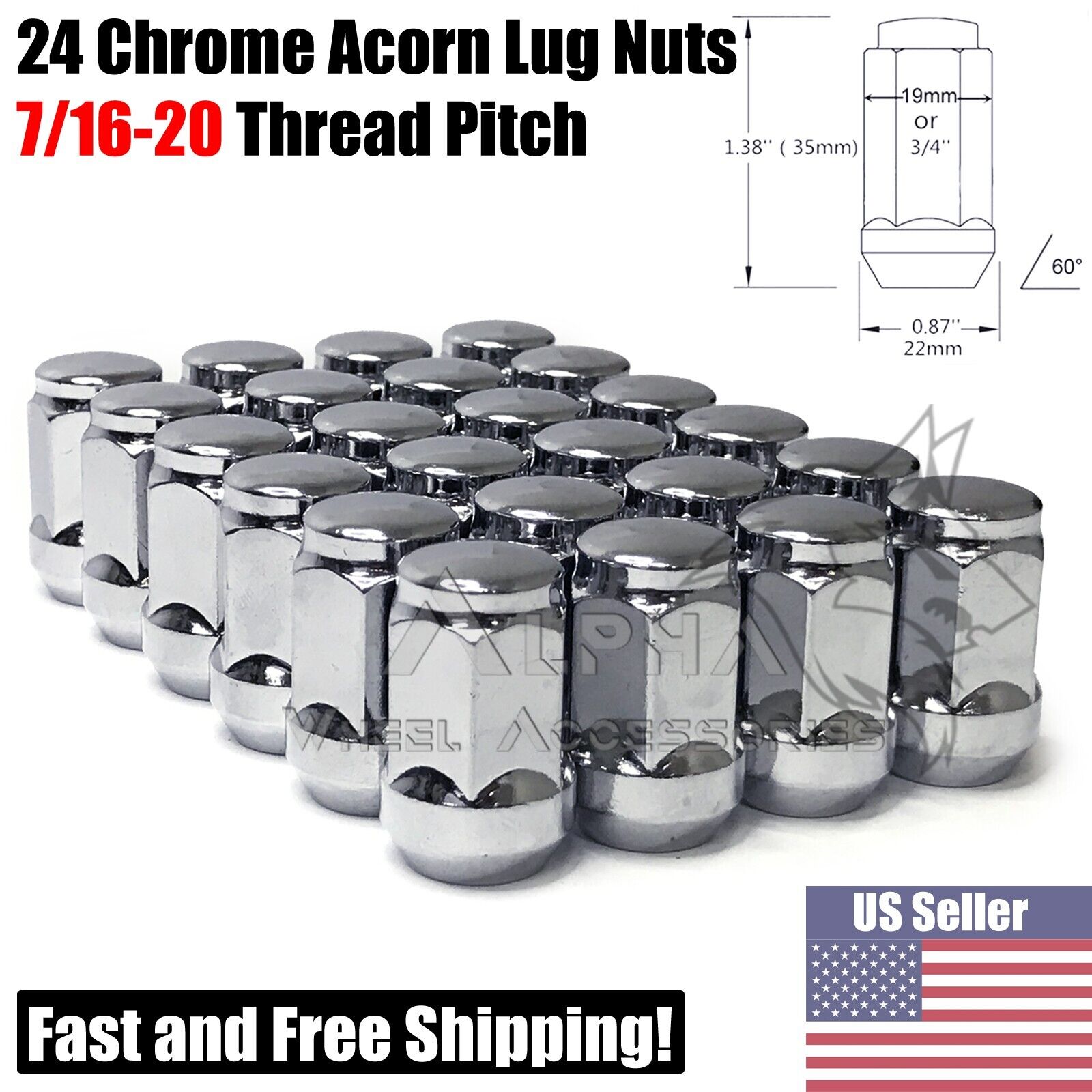 24Pc 7/16-20 Chrome Bulge Acorn Lug Nuts For Chevy GMC Blazer K10 K5 V1500 7/16