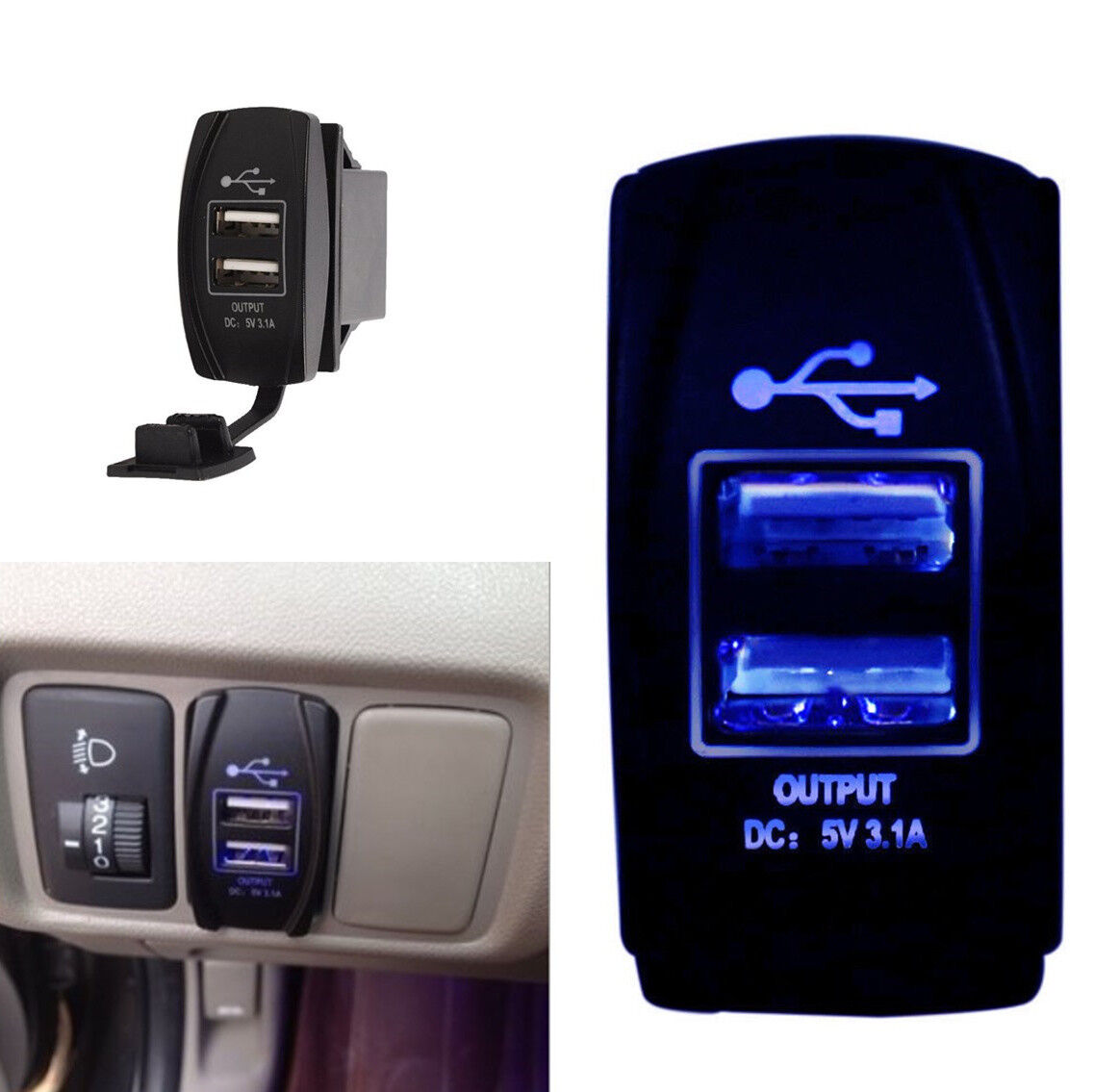 Blue LED 12/24V 3.1A Car Dual USB Phone Charger Port Socket Kit for Power Supply