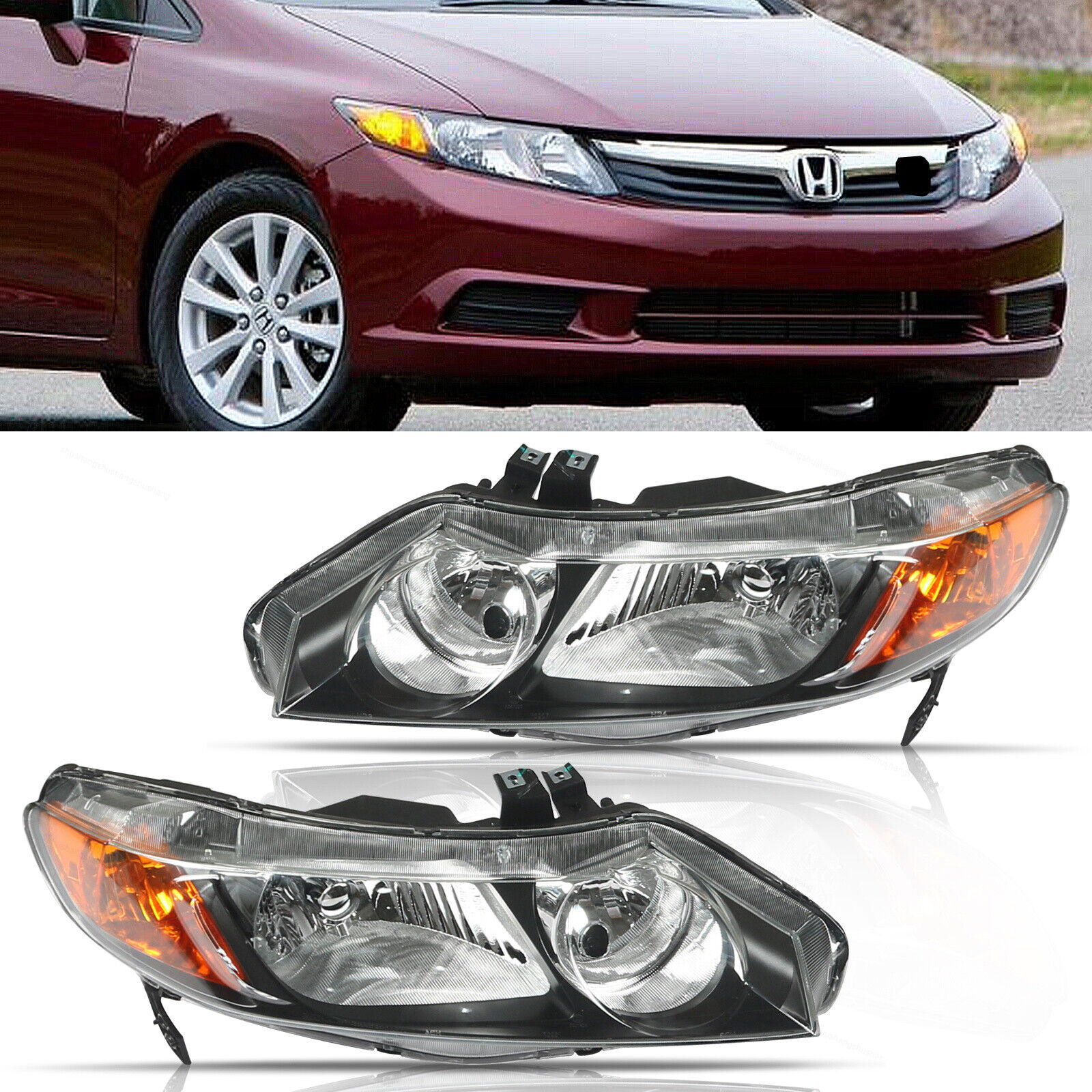 For Honda Civic Coupe 2006-2011 Headlights Assembly Pair Black Housing Headlamps