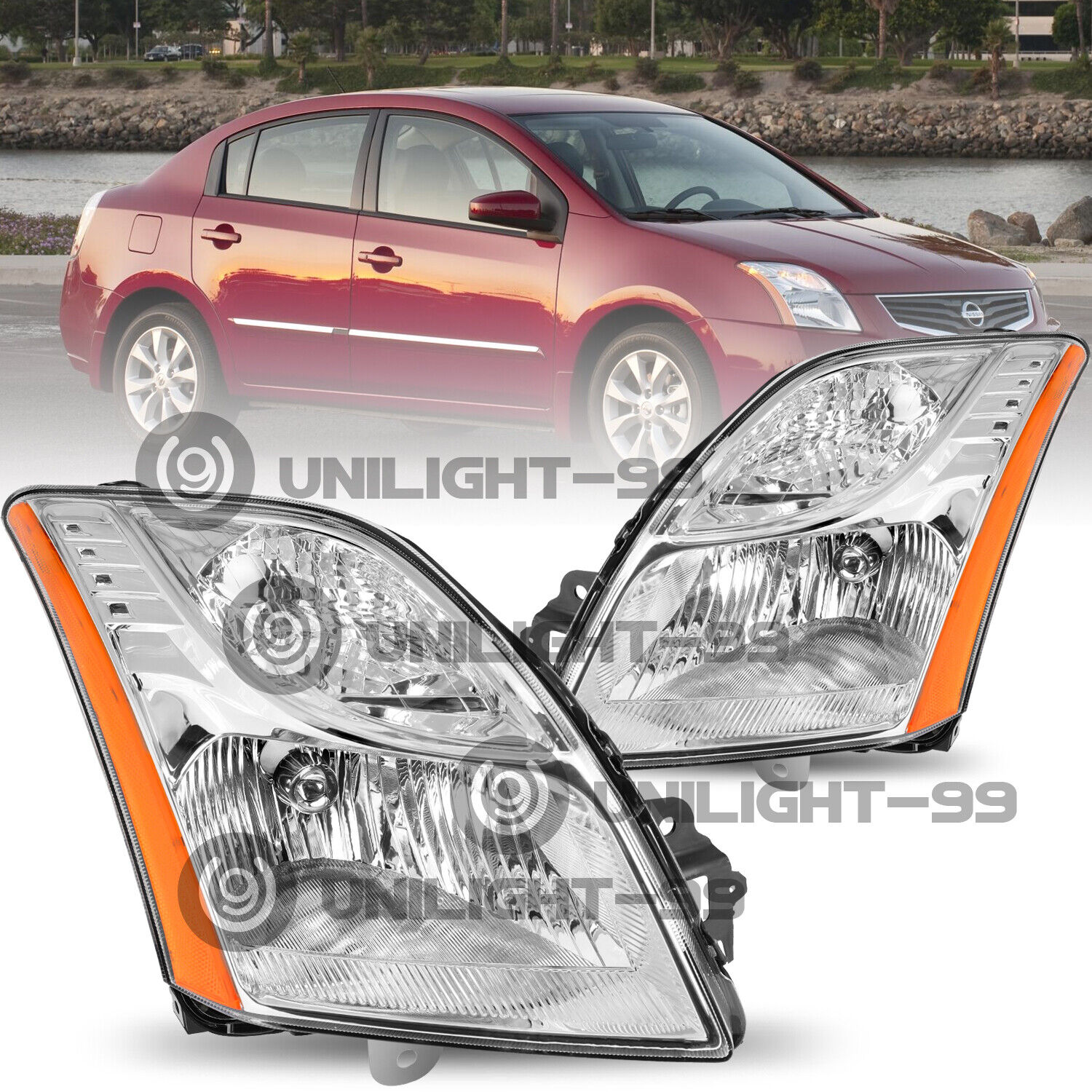 For 2010-2012 Nissan Sentra Sedan 4Dr Chrome Halogen Headlights Headlamps Pair