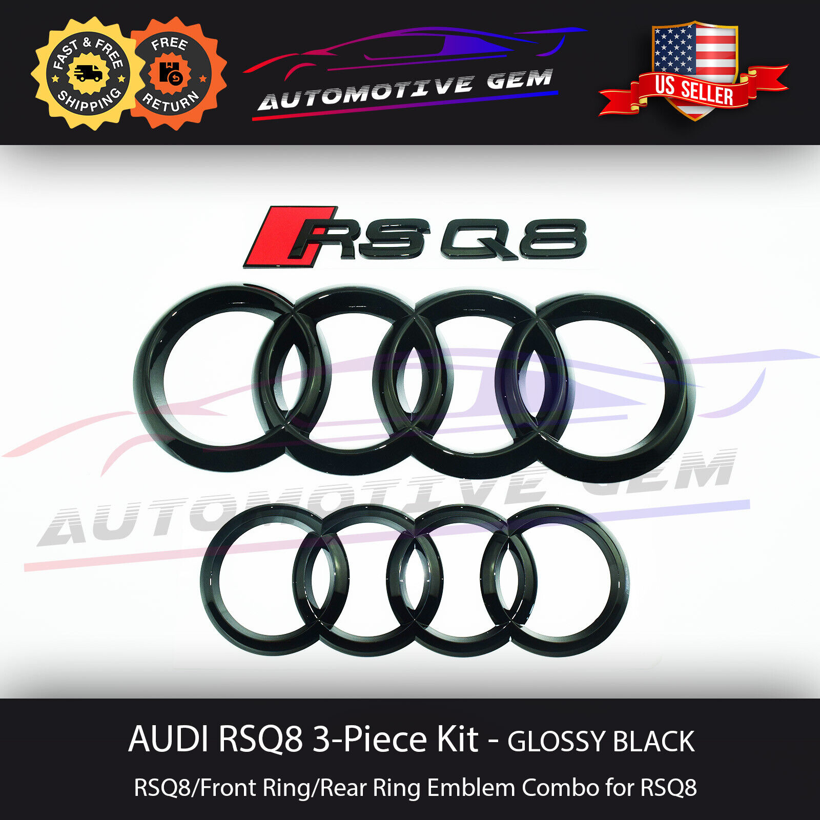 AUDI RSQ8 Emblem GLOSS BLACK Front Grill & Trunk Ring Rear Logo Badge S Line Kit