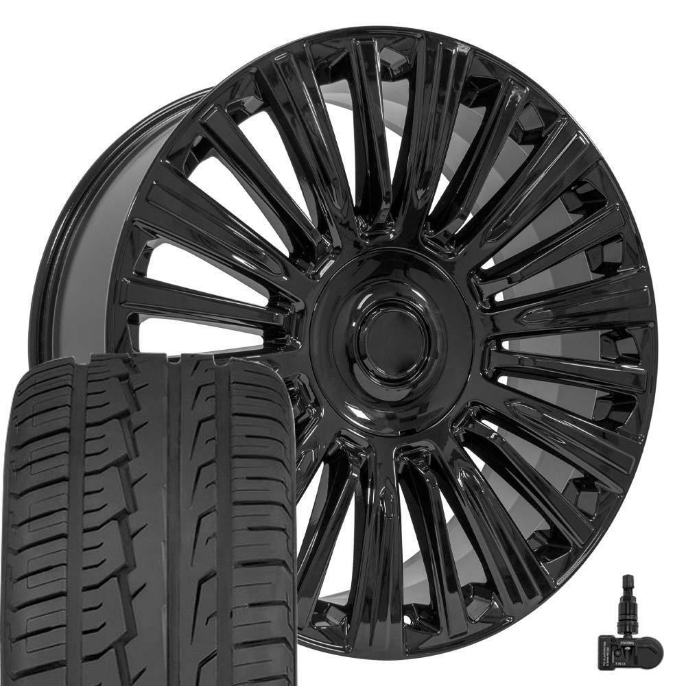24x10 Black 4876 Wheels 295/35r24 Tires TPMS SET Fits Escalade Sierra Yukon