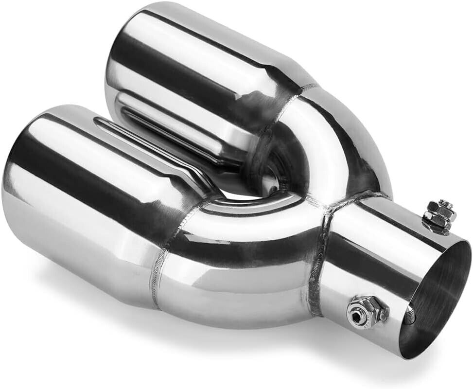 1x Universal 3''Outlet 8.3''Length Silver Stainless Steel Dual Exhaust Pipes Tip