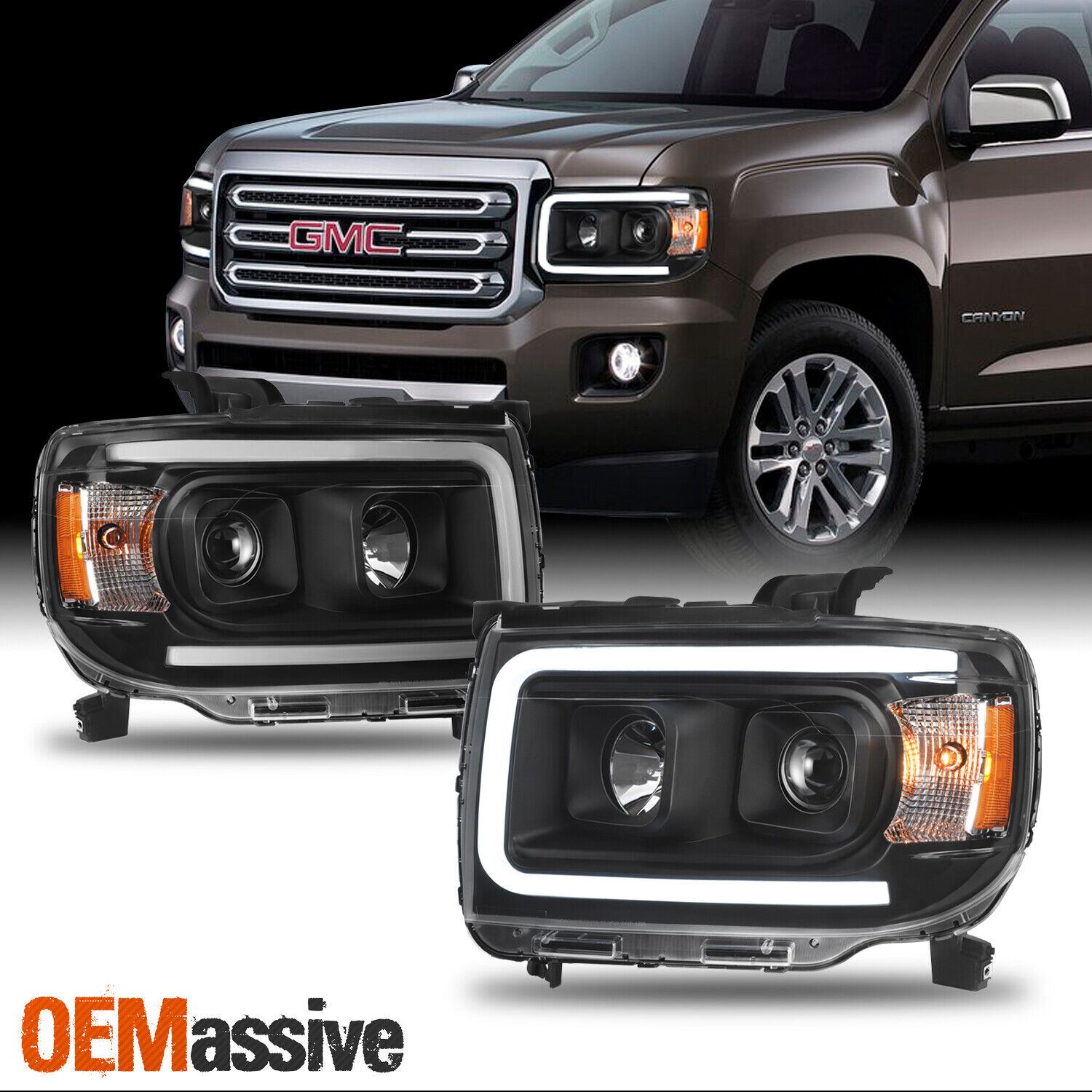 Fits 2015-2022 GMC Canyon DRL Led Light Tube Projector Headlights Lamps 15-22