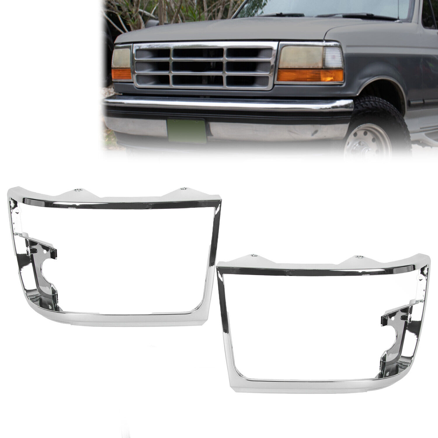 For 92-97 Ford Bronco F150 F-150 Pickup Chrome Headlight Headlamp Trim Bezel Set
