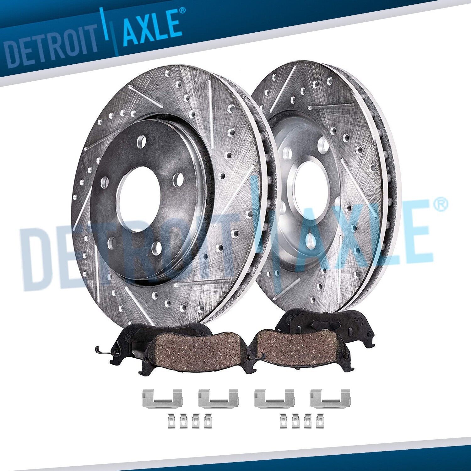 Front Drilled Rotors + Brake Pads for Ford Thunderbird Lincoln LS Jaguar S-Type