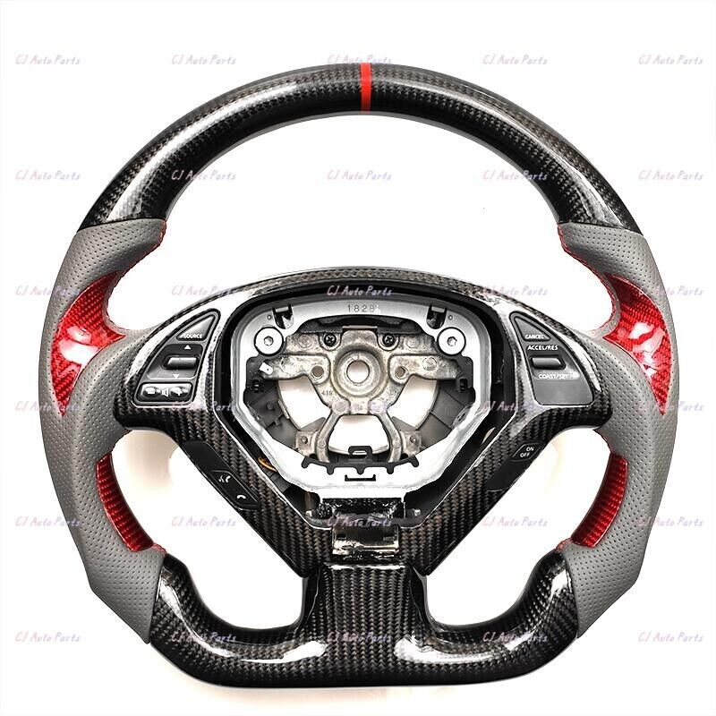 BLACK CARBON FIBER  Steering Wheel FOR INFINITI G37G25 RED  THUMBGRIPS /ACCENT