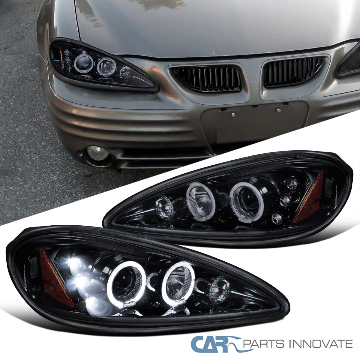Glossy Black For 99-05 Pontiac Grand Am Smoke LED Halo Projector Headlights Lamp