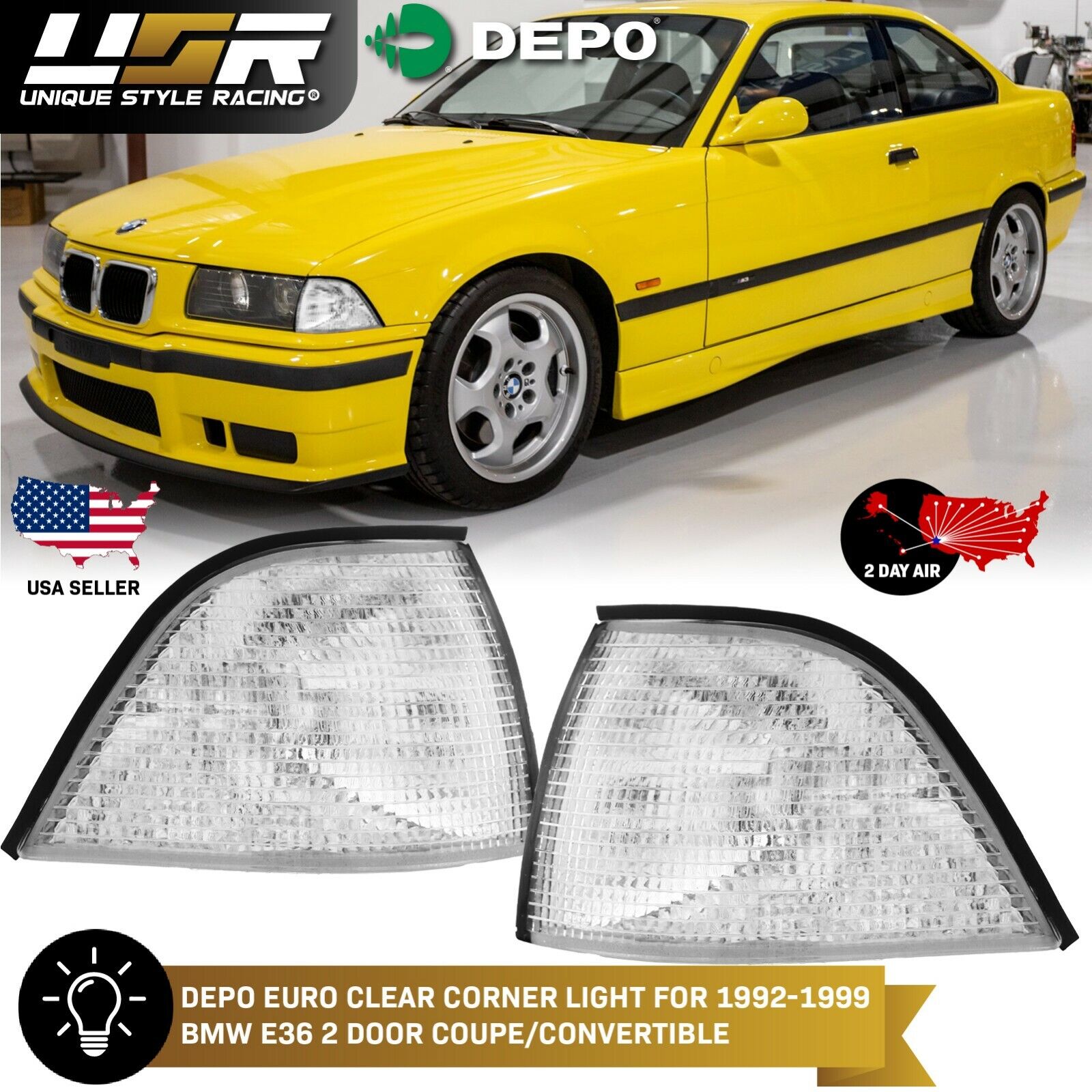 2 Day Air DEPO Euro Clear Corner Light Pair For 92-99 BMW E36 2D Coupe/Cabrio M3