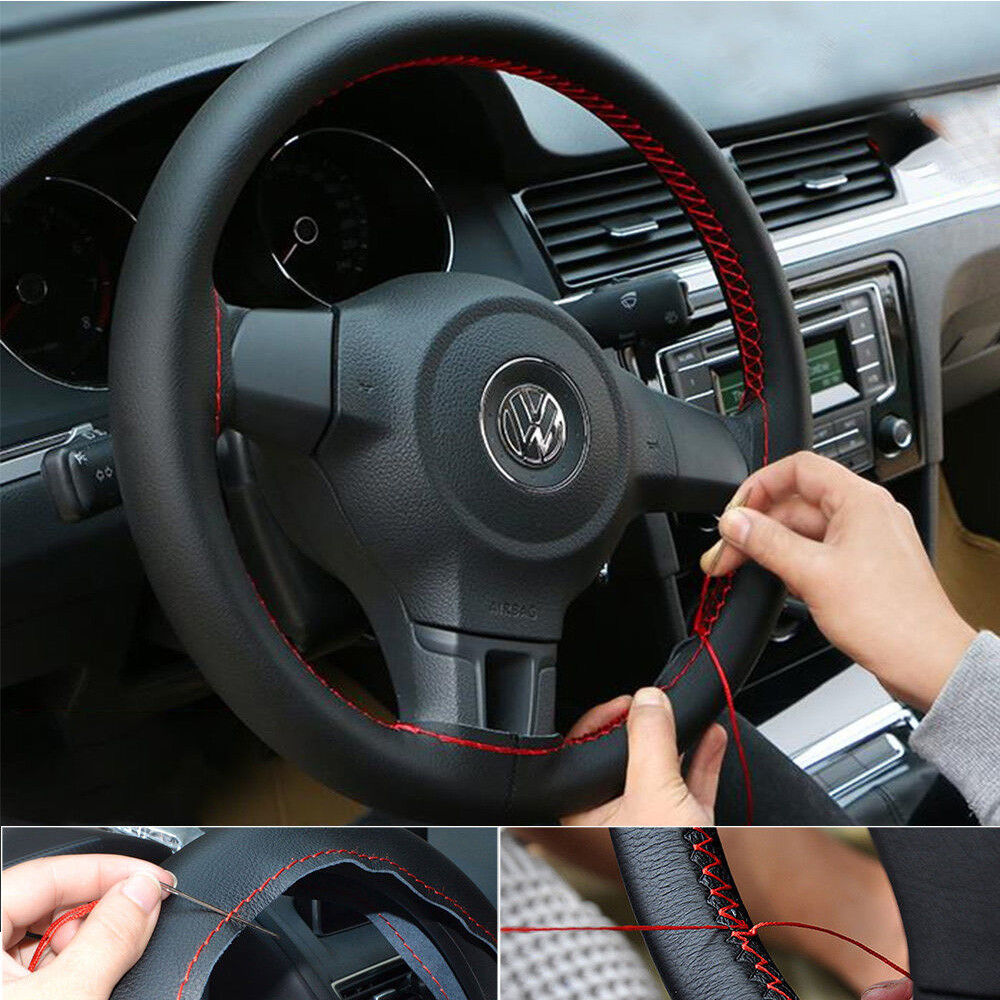 Black+Red Genuine Leather DIY Car Steering Wheel Cover With Needles and Thread