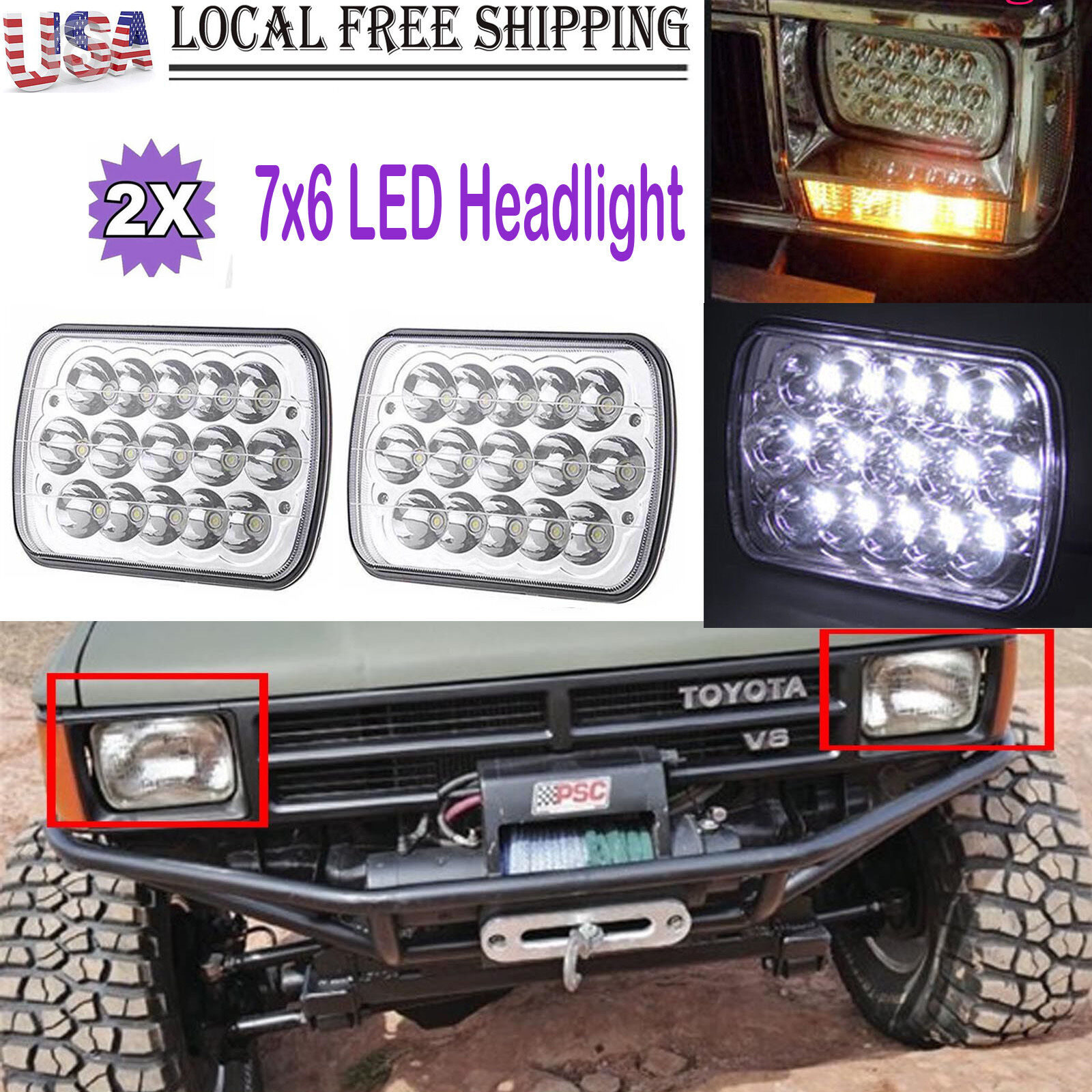 Pair H6054 7x6 LED Headlight Sealed Beam Square Headlamp For Toyota Truck Pickup