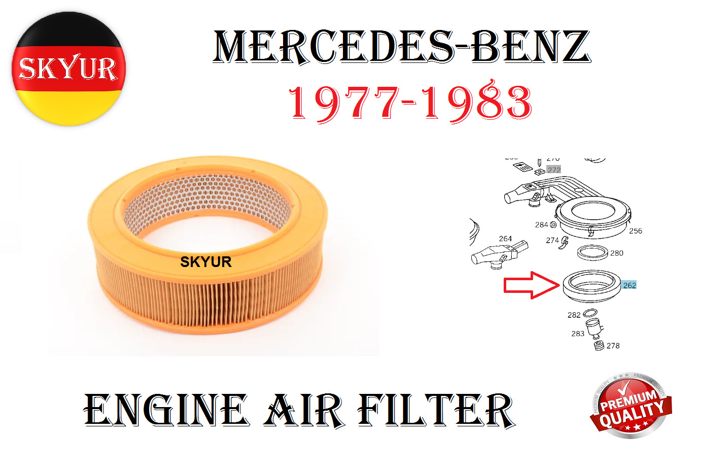 Engine Air Filter For 1977-1983 Mercedes Benz 240D, 300CD, 300D, 300TD Premium