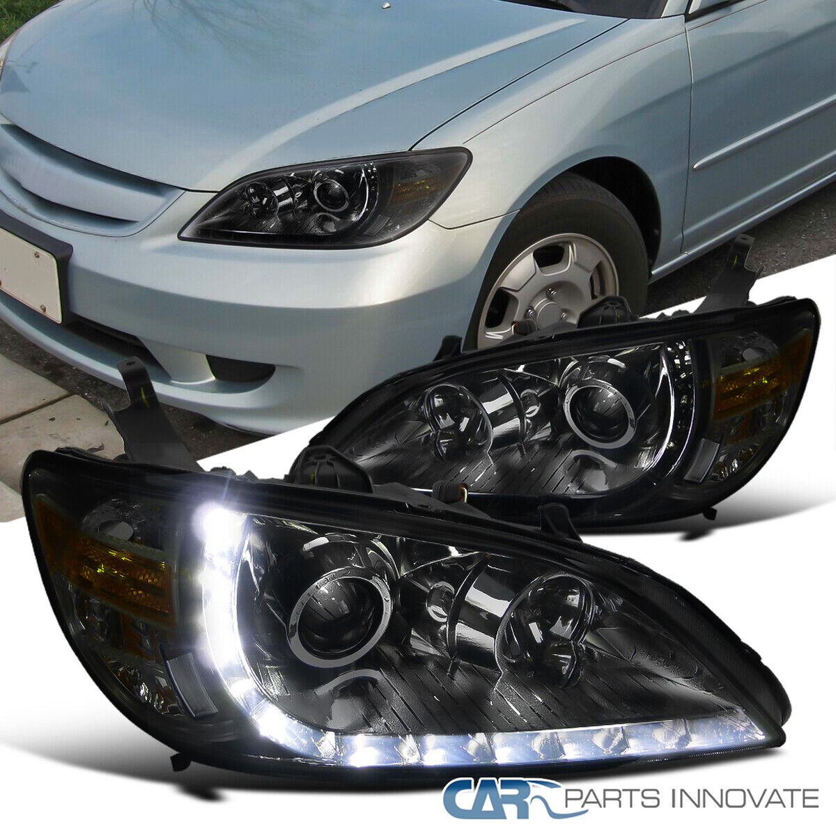 Fits 04-05 Honda Civic 2/4Dr Smoke R8 LED Strip Projector Headlights Head Lamps