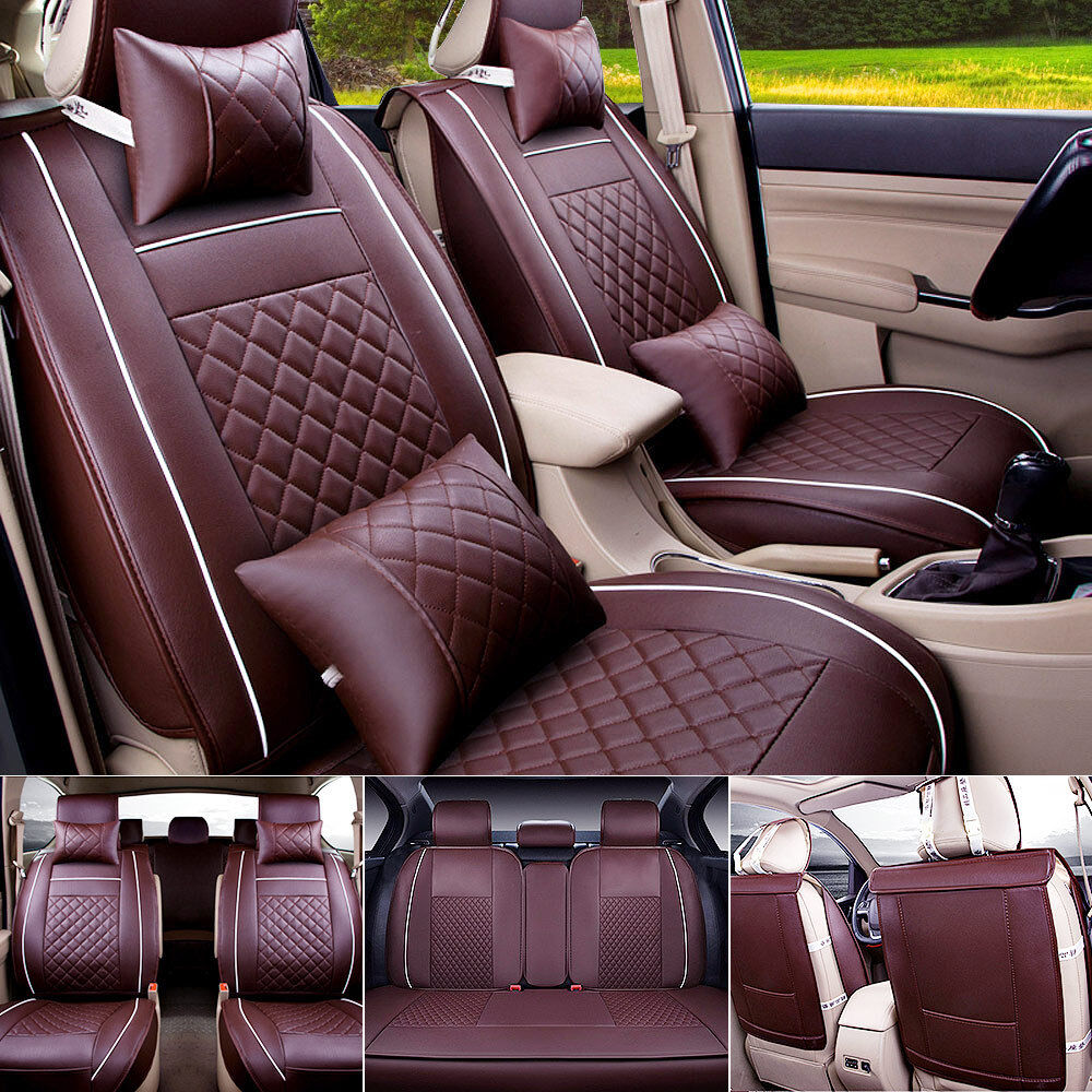 PU Leather Coffee Car Seat Cover Size L 5-Seats Front & Rear Cushion W/Pillow
