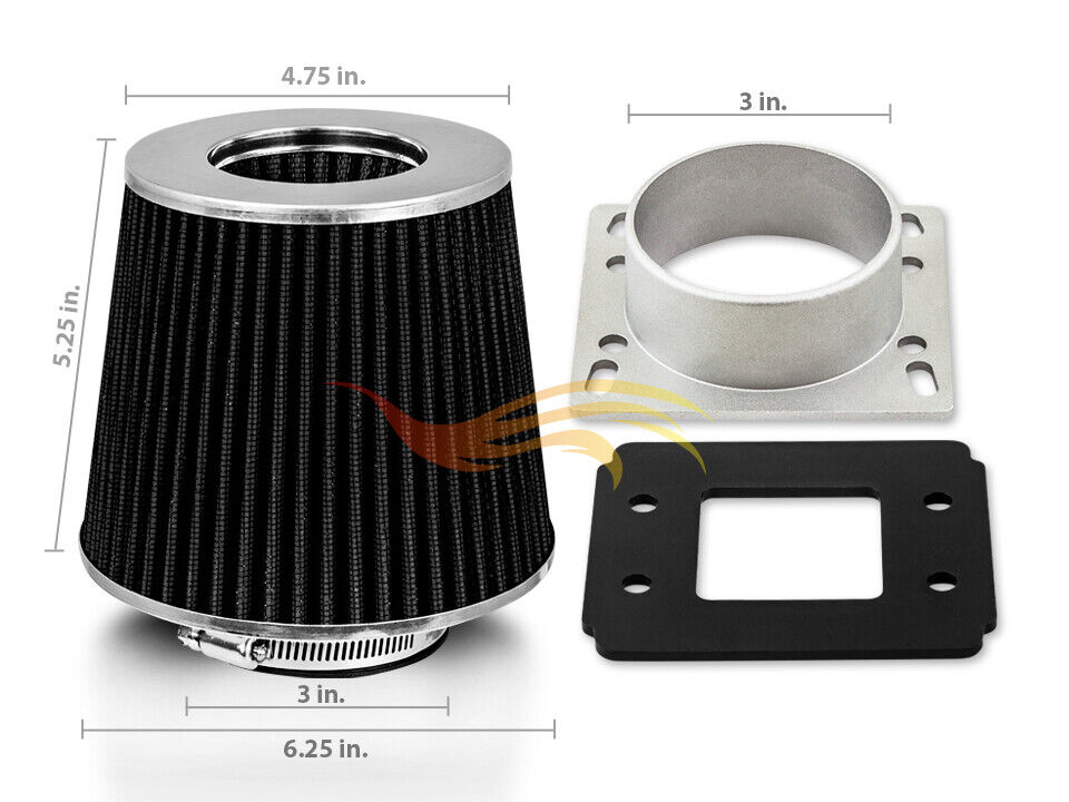 BLACK Cone Dry Filter + AIR INTAKE MAF Adapter Kit For 90-97 Miata MX5 1.6L 1.8L