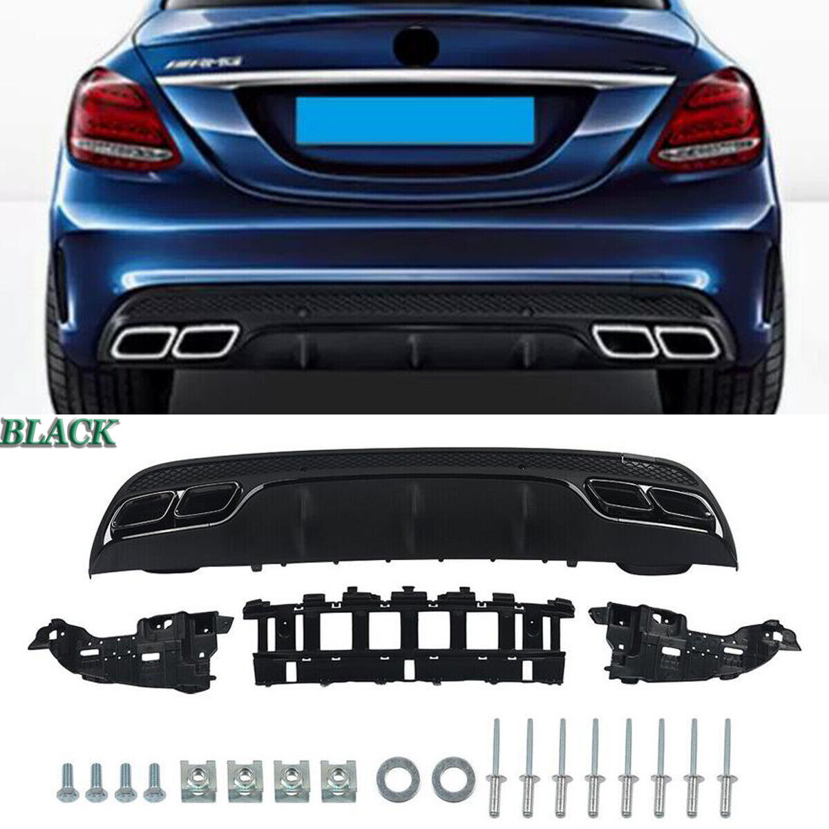 C63 AMG Rear Bumper Diffuser W/Exhaust Tips For 2015-2018 Mercedes W205 C-CLASS
