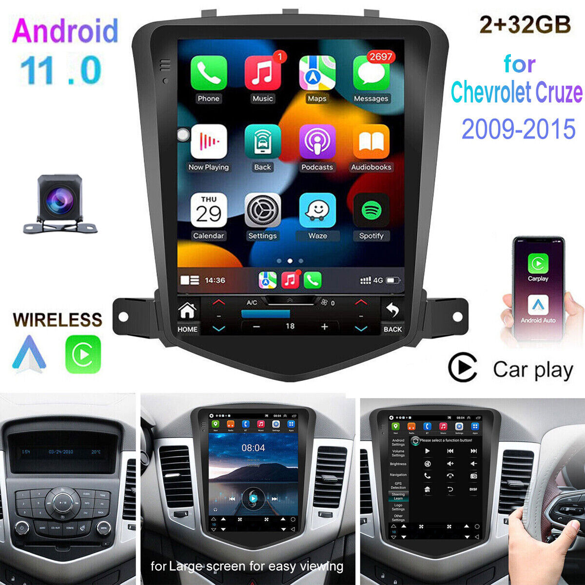 Car Apple Carplay Radio For Chevy Cruze 2009-2015 Android 12 GPS Stereo + Camera