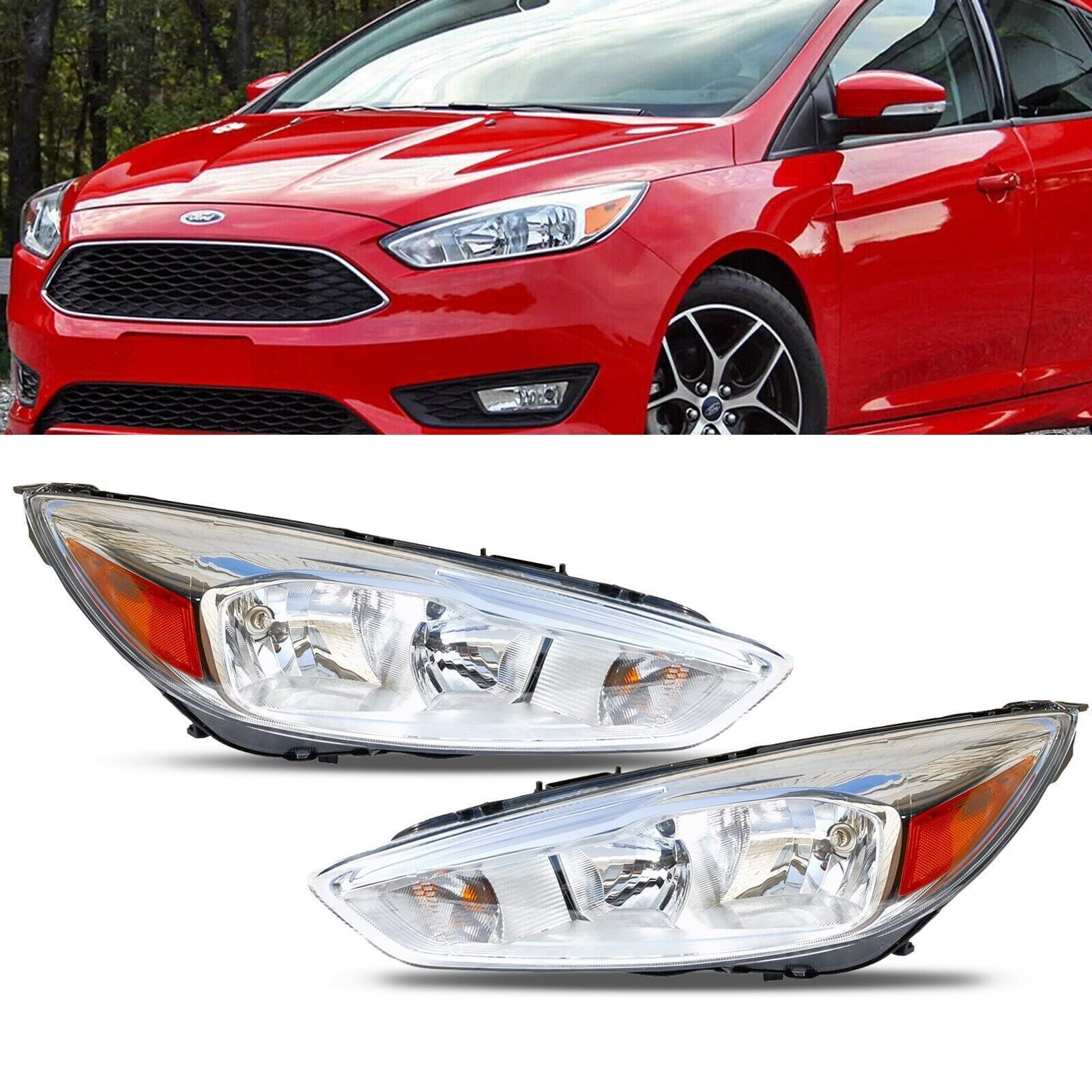 For 2015-2018 Ford Focus Headlights Headlamps Pair Clear Lights With Amber 15-18