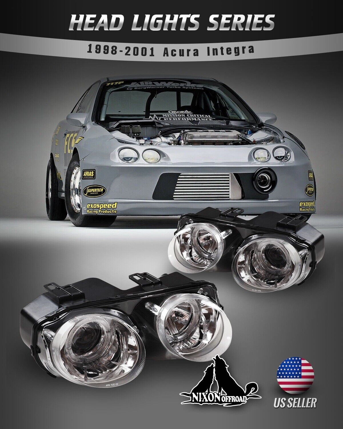 Fits 1998-2001 Acura Integra Headlights Halo Projector Front Lamps Chrome/Clear