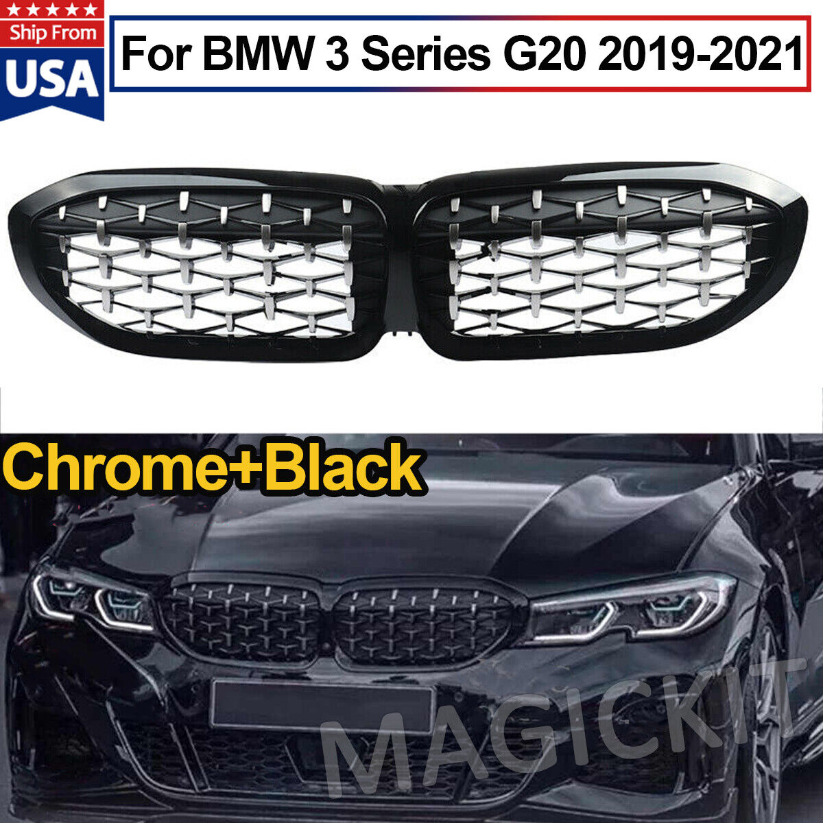 2X Diamond Style Black + Chrome Front  Grille For BMW G20 330i M340i 2019-2022