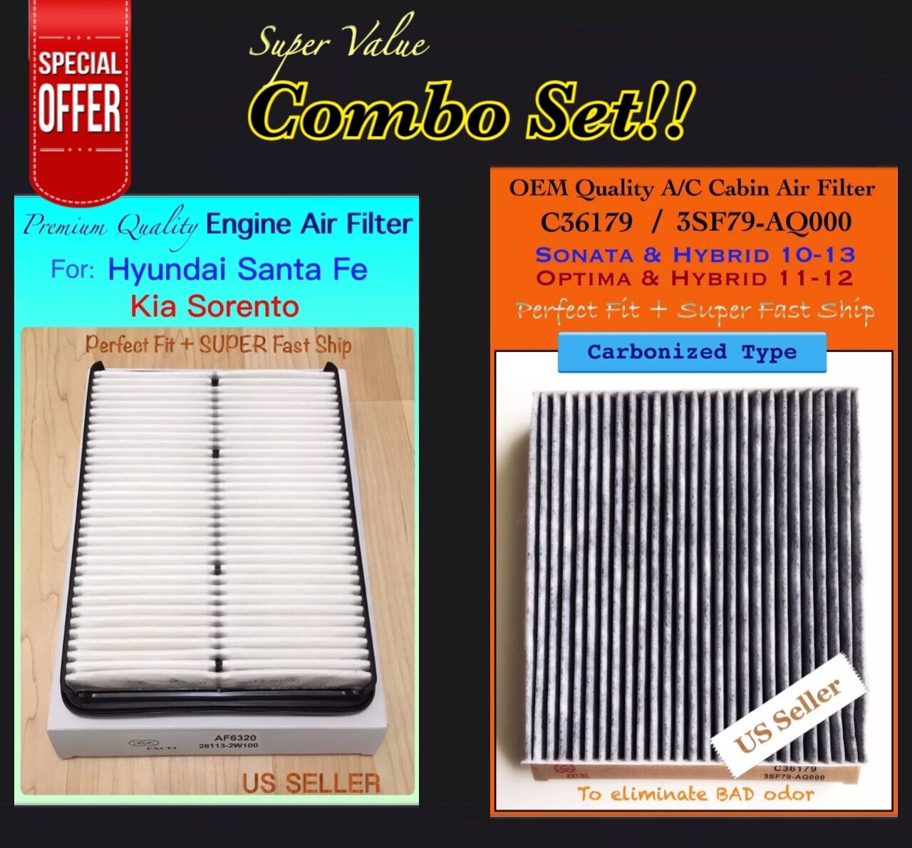 Engine & Carbonized Cabin Air Filter for 2013-2018 Hyundai Santa Fe 6320&36179 