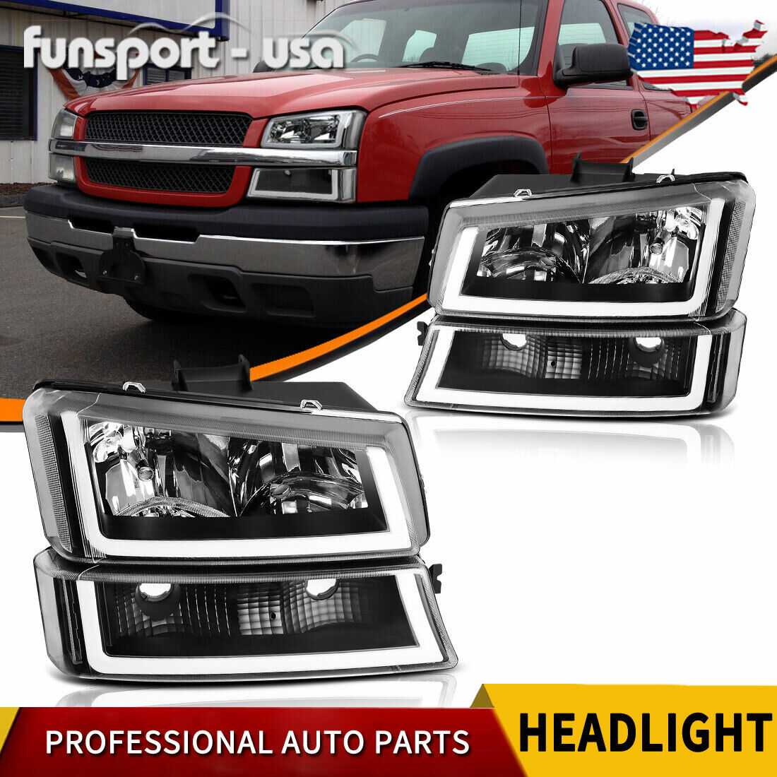 LED DRL TUBE HEADLIGHTS FOR 03-07 CHEVY SILVERADO BLACK HOUSING CLEAR HEADLAMPS