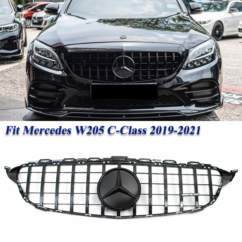 GT R Style Grille W/3D Emblem For Mercedes Benz C300 C43 AMG W205 2019 2020 2021