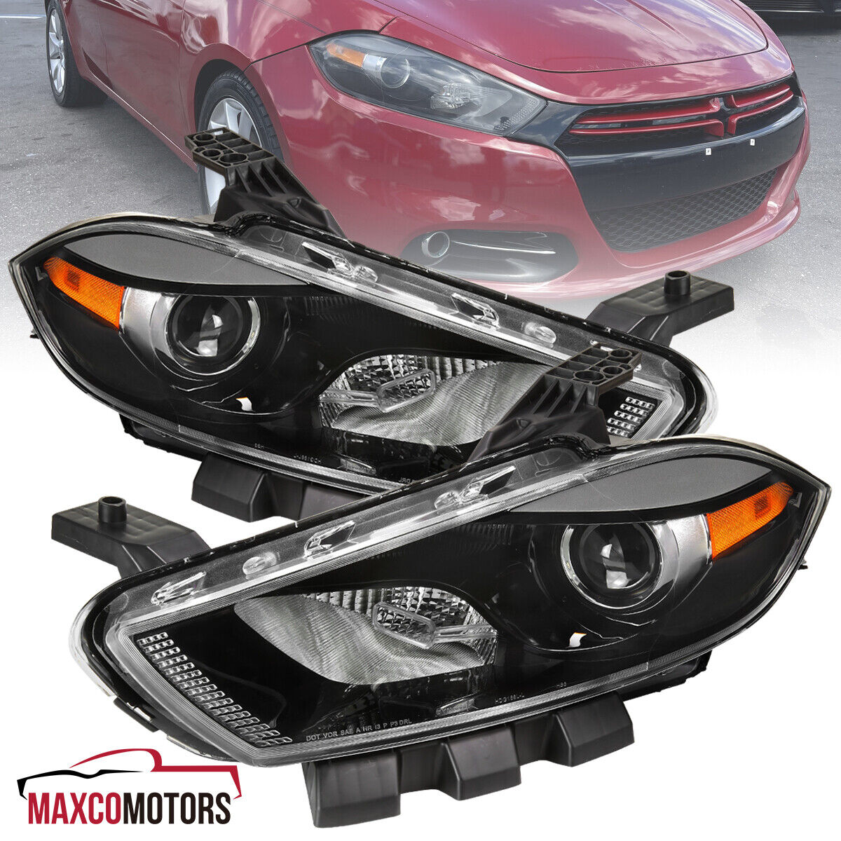 Black Headlights Fits 2013-2016 Dodge Dart Halogen Projector HeadLamp Left+Right