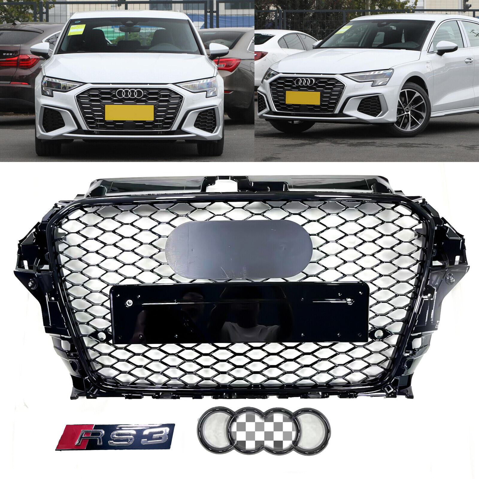RS3 For 2013-2016 Audi A3 S3 8V Front hood Henycomb Bumper Grille Grill Gloss