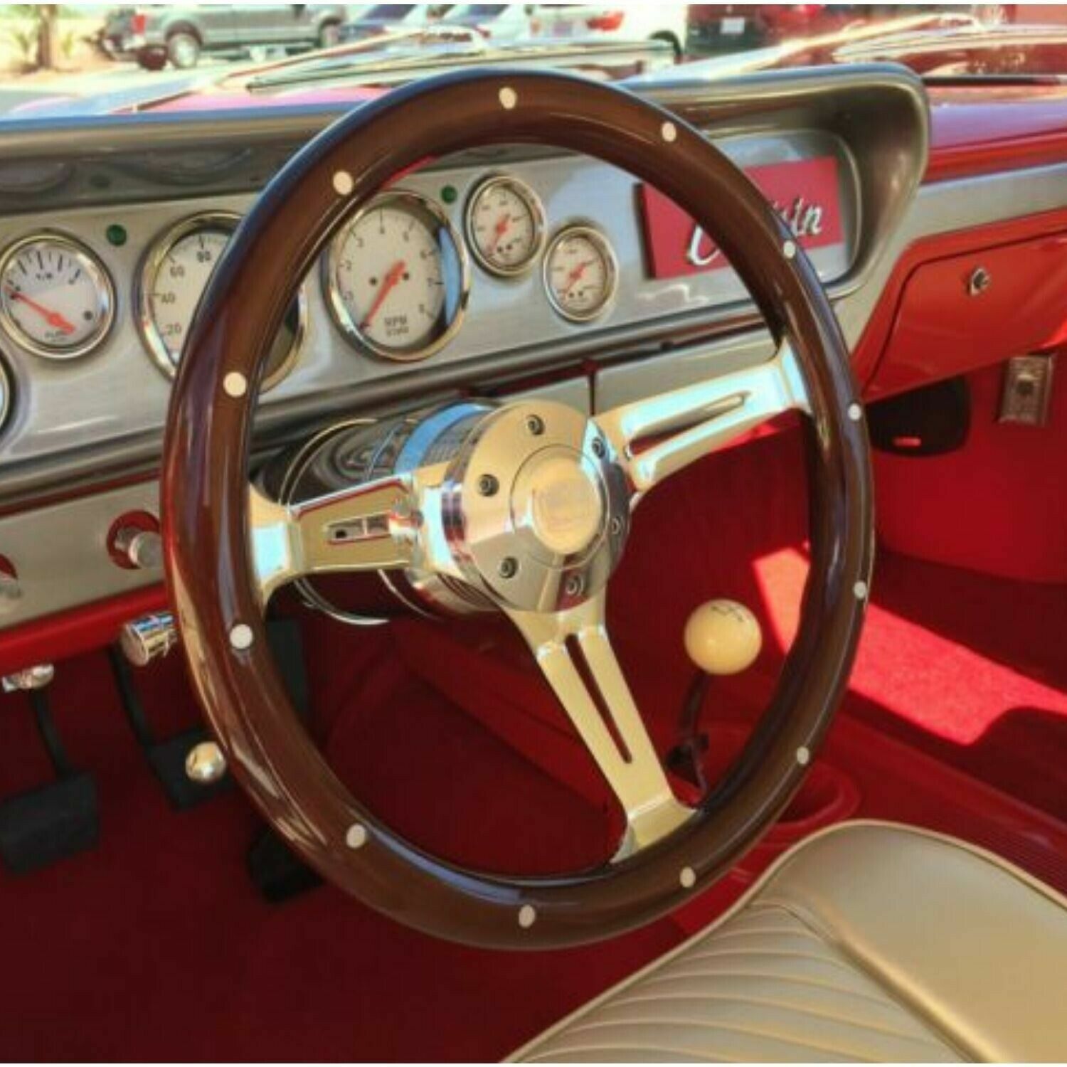 15\'\' 380mm Dark Steering Wheel Chrome 3 Spoke Real Wood Riveted Grip 6 Hole Horn