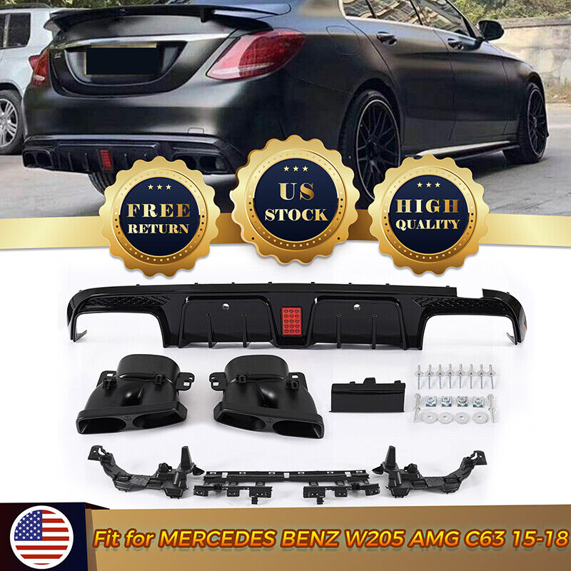 Gloss Black Rear Diffuser W/Exhaust Tip For Mercedes W205 C63 C43 AMG 15~2021 US