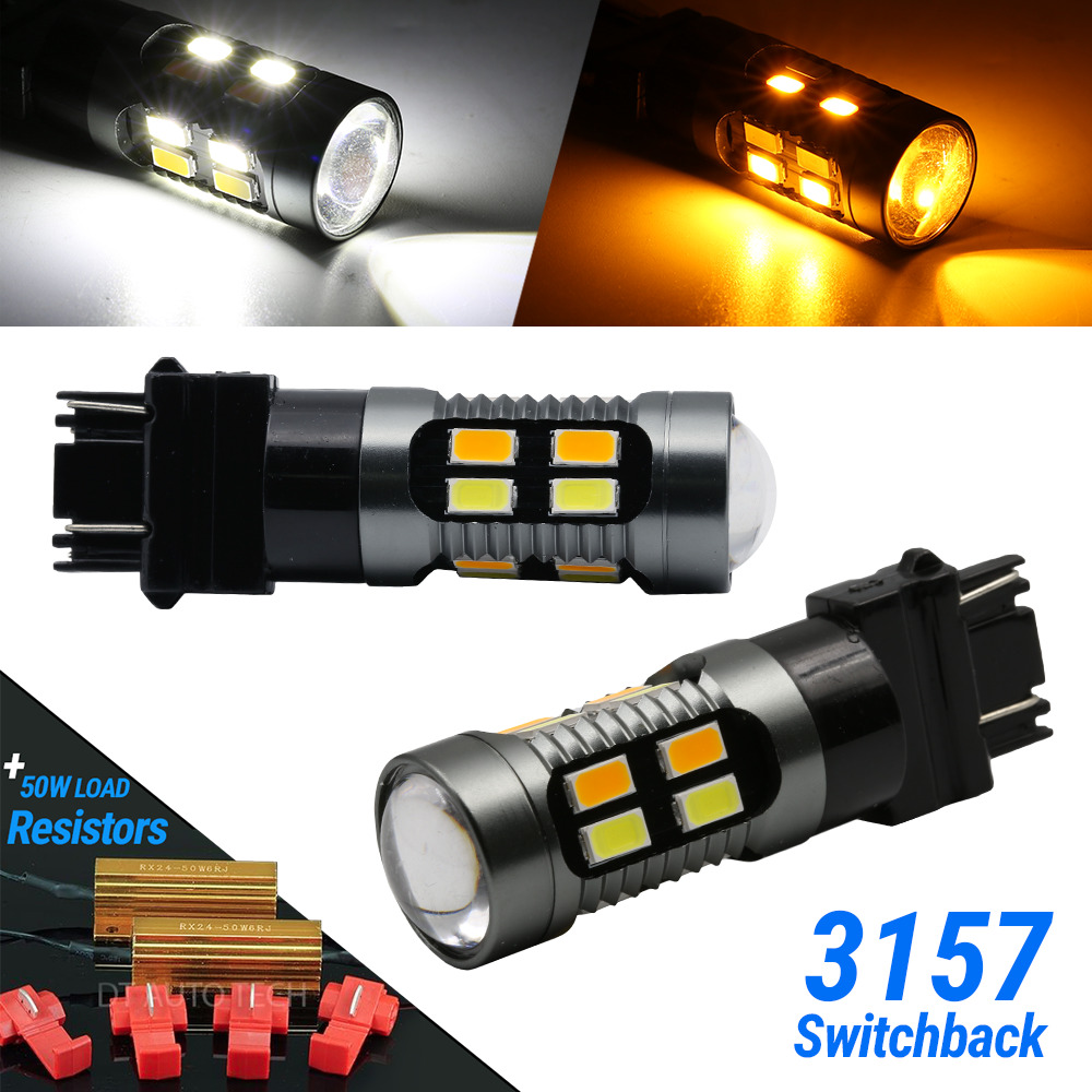  New 3157 LED Switchback Turn Signal DRL White Amber Parking Bulbs + Resistors