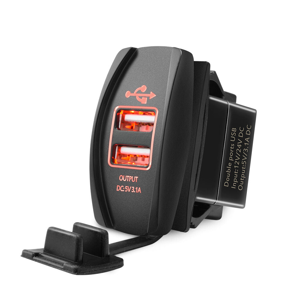 MICTUNING 12V Dual USB Charger Red LED Light Power Socket for Car Truck SUV Van