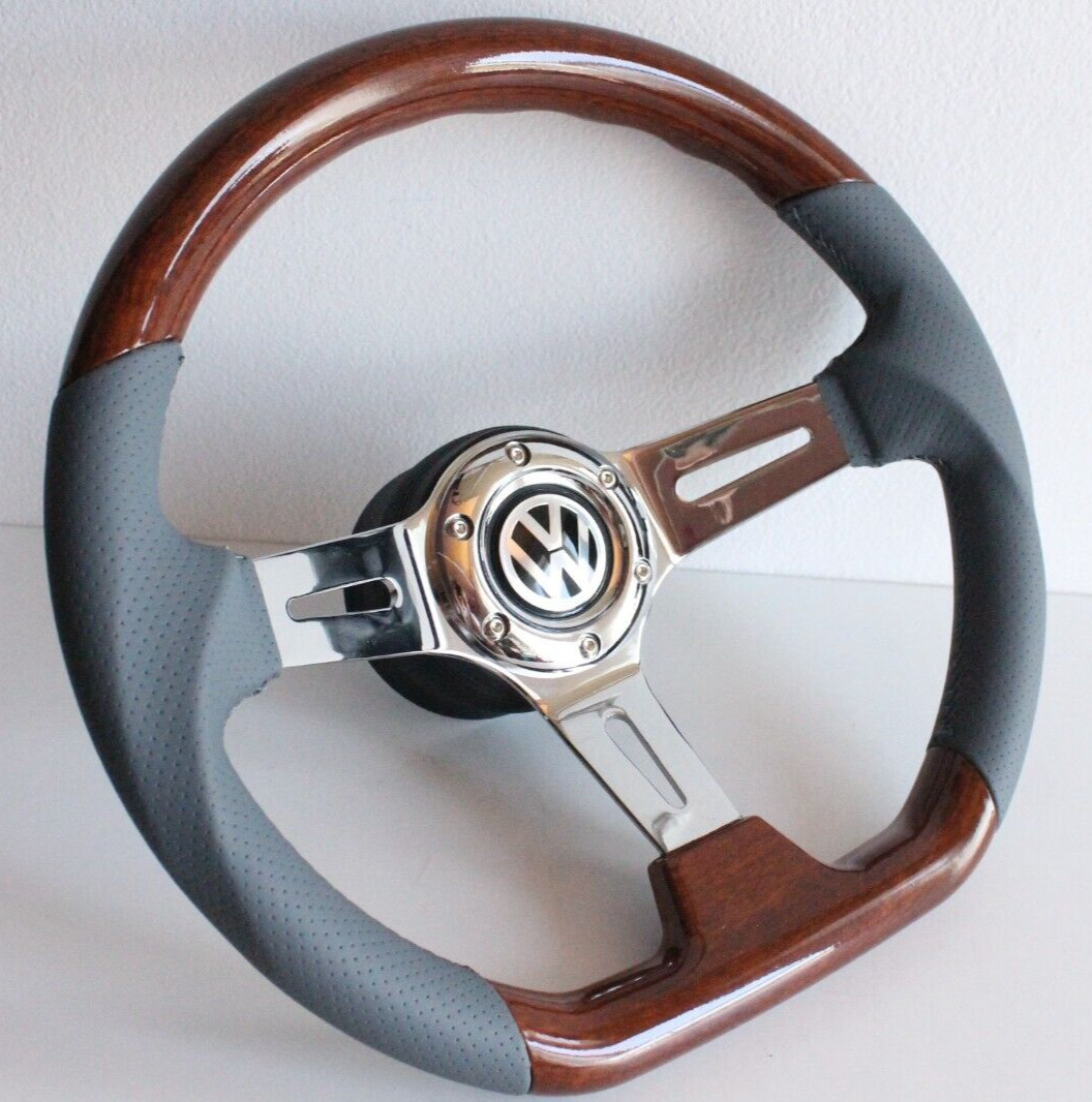Steering Wheel fits For VW Wood Flat Grey Leather Golf  Mk2 Mk3 Corrado 88-95