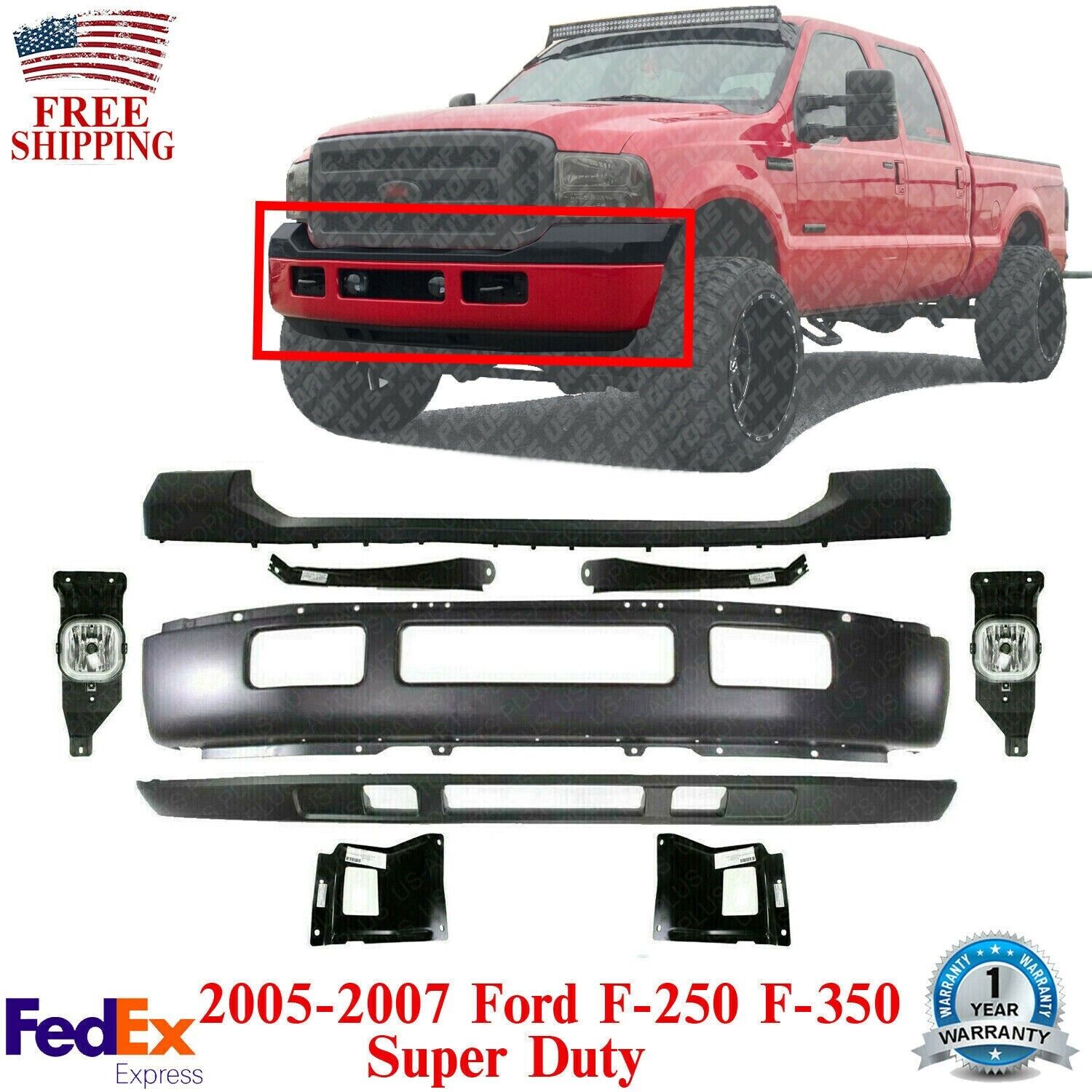 Front Bumper Kit + Bumper Brackets + Fog Lights For 2005-2007 Ford F-Series