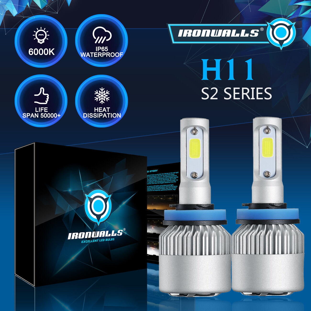 IRONWALLS H11 225000LM LED Headlight Kits Bulbs H9 H8 6000K VS HID 35W 55W Fog